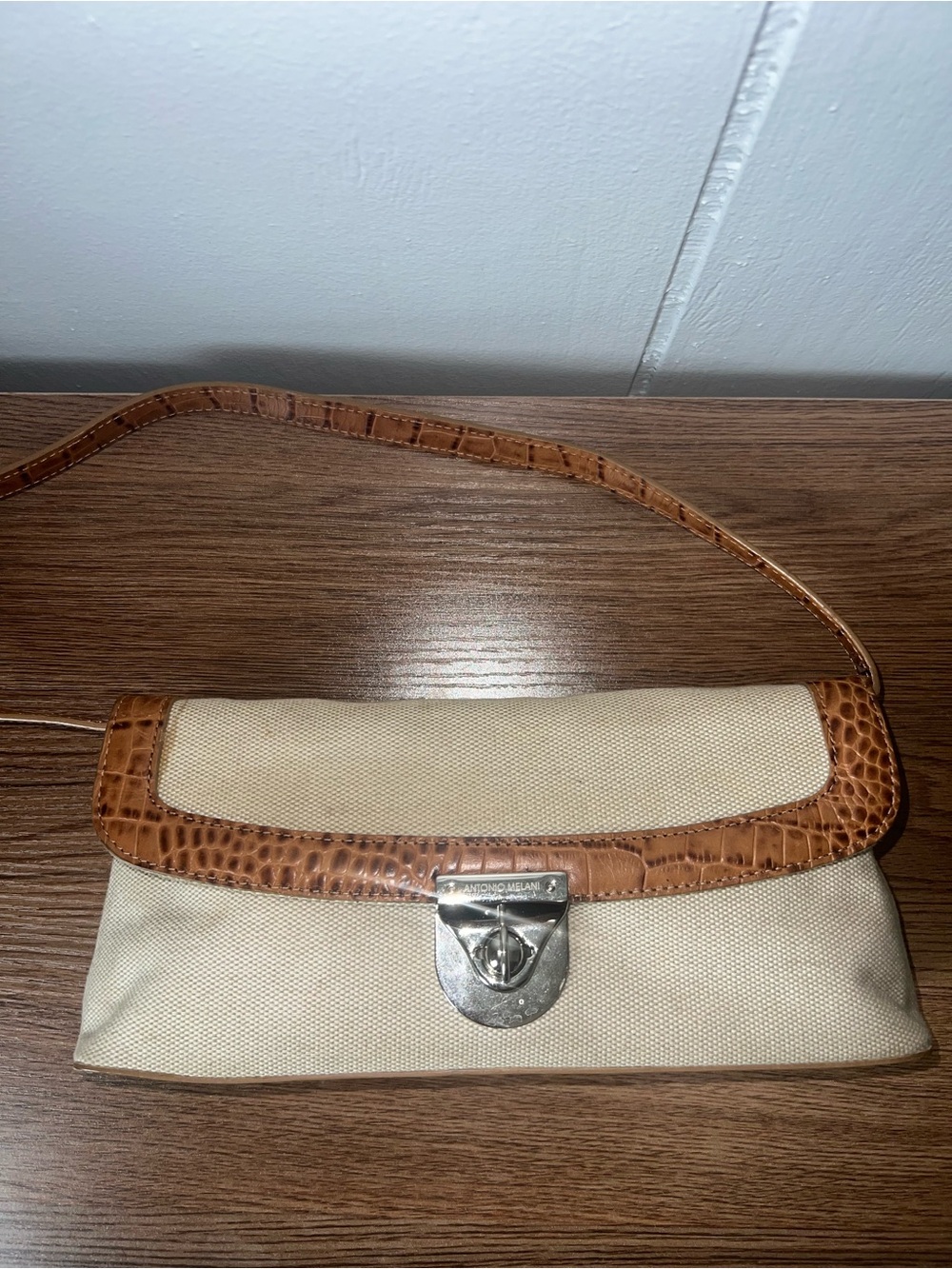 Antonio Melani Beige Canvas Brown Leather Turn Lock Shoulder Bag Purse - Picture 5 of 7